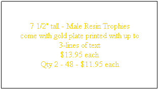 Text Box: 7 1/2" tall - Male Resin Trophies
come with gold plate printed with up to
3-lines of text 
$13.95 each
Qty 2 - 48 - $11.95 each
